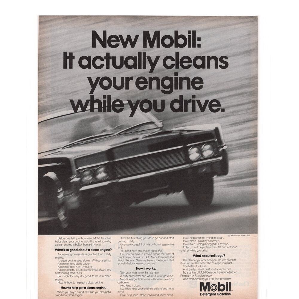 Mobil Detergent Gasoline Magazine Advertisement 1968 Vintage Petroliana Engine